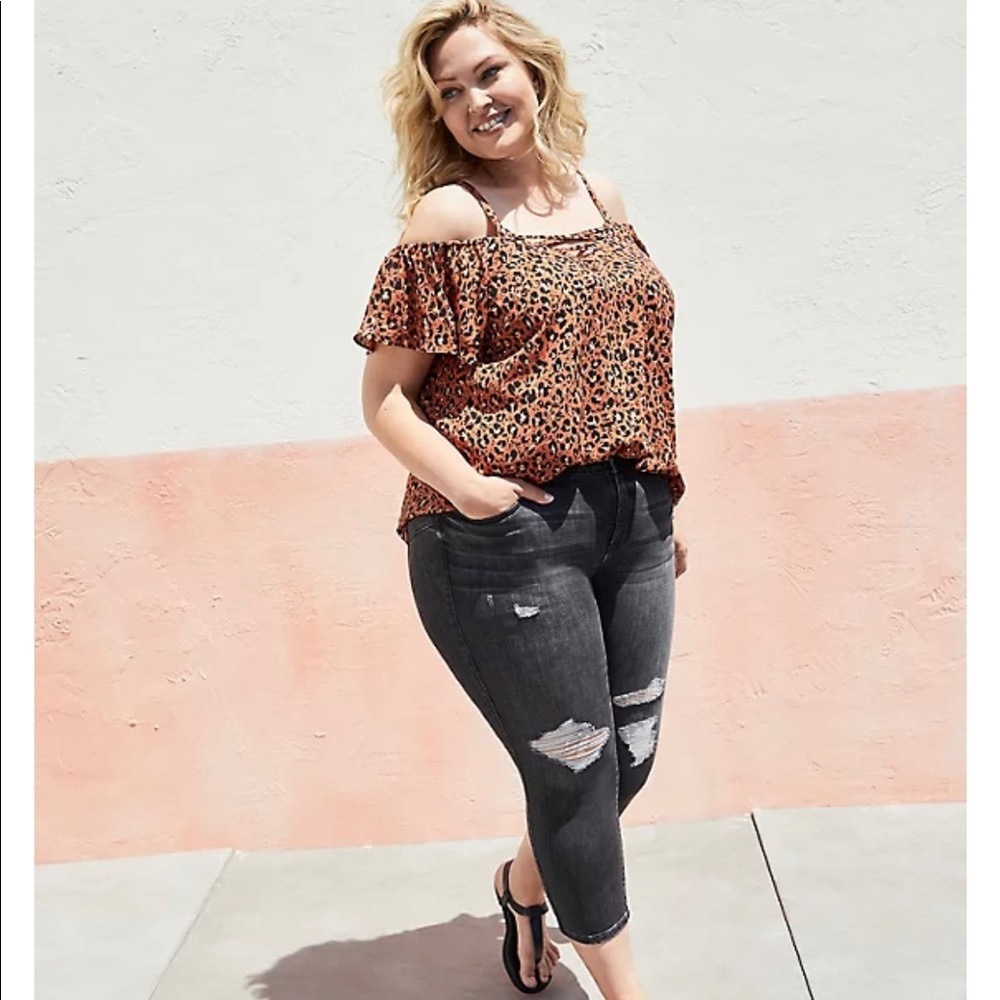 Torrid Leopard Print Cold Shoulder Blouse Lace Up Georgette 2X